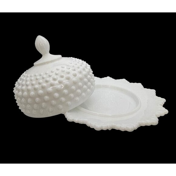 Fenton Hobnail Milk Glass Covered Butter Dish Cheese Dish Round Lidded Tray - Picture 5 of 8
